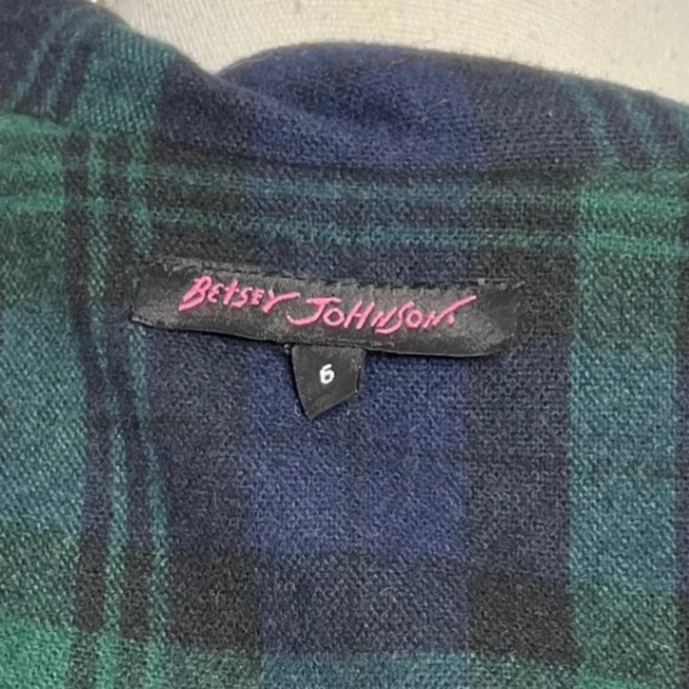 Y2K Vintage Betsey Johnson Plaid Wool Jacket 3/4 Sleeves Green USA Women's 6‎